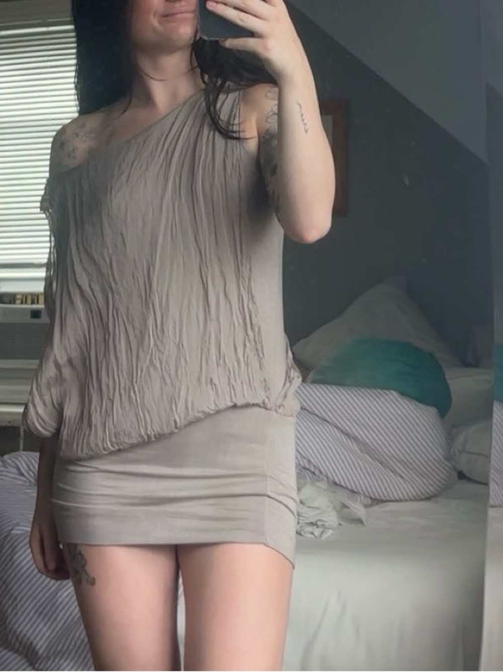 One-Shoulder Taupe Mini Dress